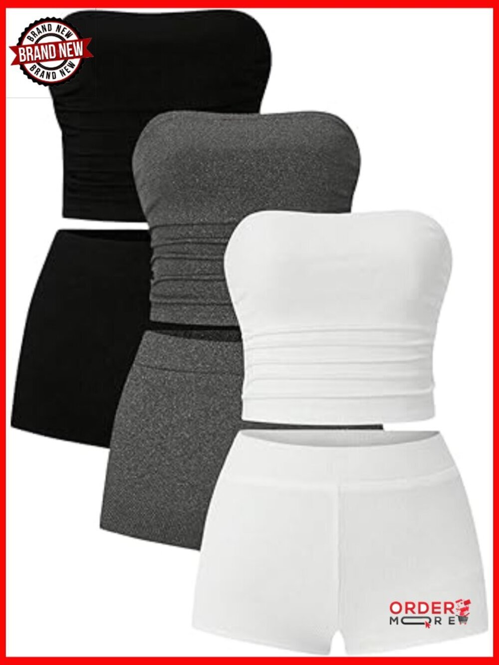 3 Piece Y2K Ruched Strapless Crop Top and Shorts Matching Set Streetwear